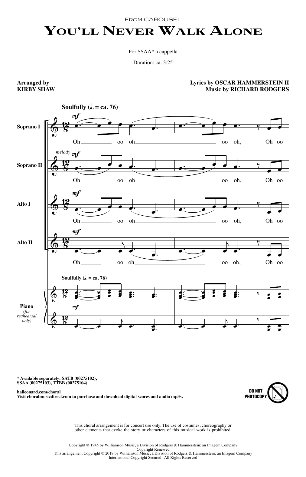 Kirby Shaw You'll Never Walk Alone sheet music notes and chords arranged for SSA Choir