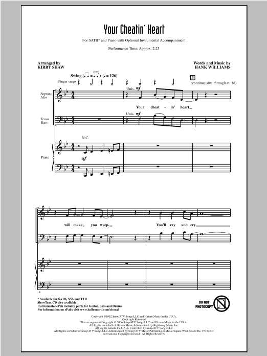 Kirby Shaw Your Cheatin' Heart sheet music notes and chords arranged for SATB Choir