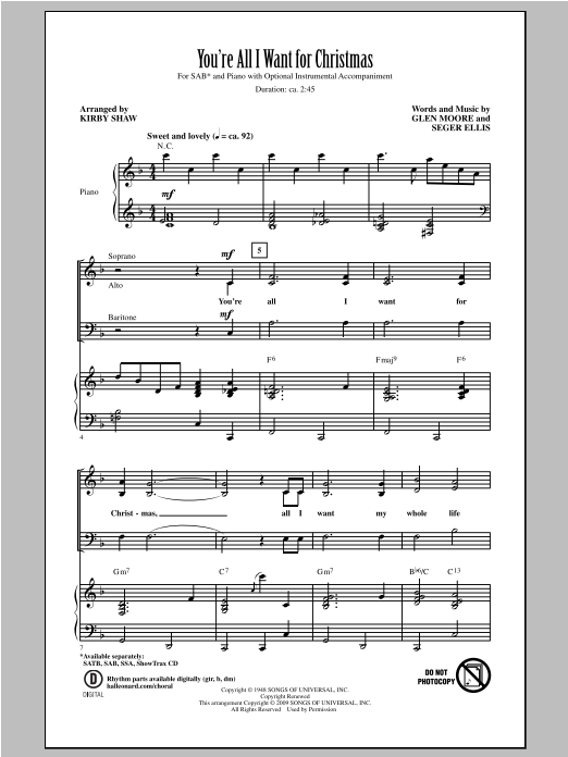 Kirby Shaw You're All I Want For Christmas sheet music notes and chords arranged for SAB Choir