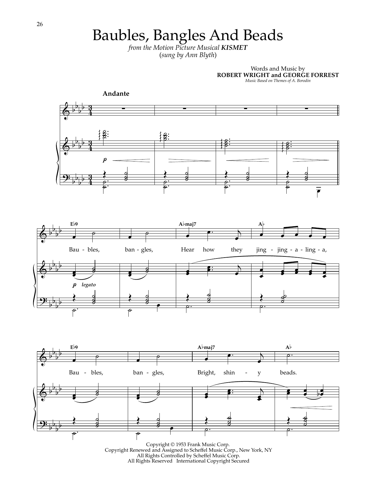 Kirby Stone Four Baubles, Bangles And Beads (from Kismet) sheet music notes and chords arranged for Piano & Vocal