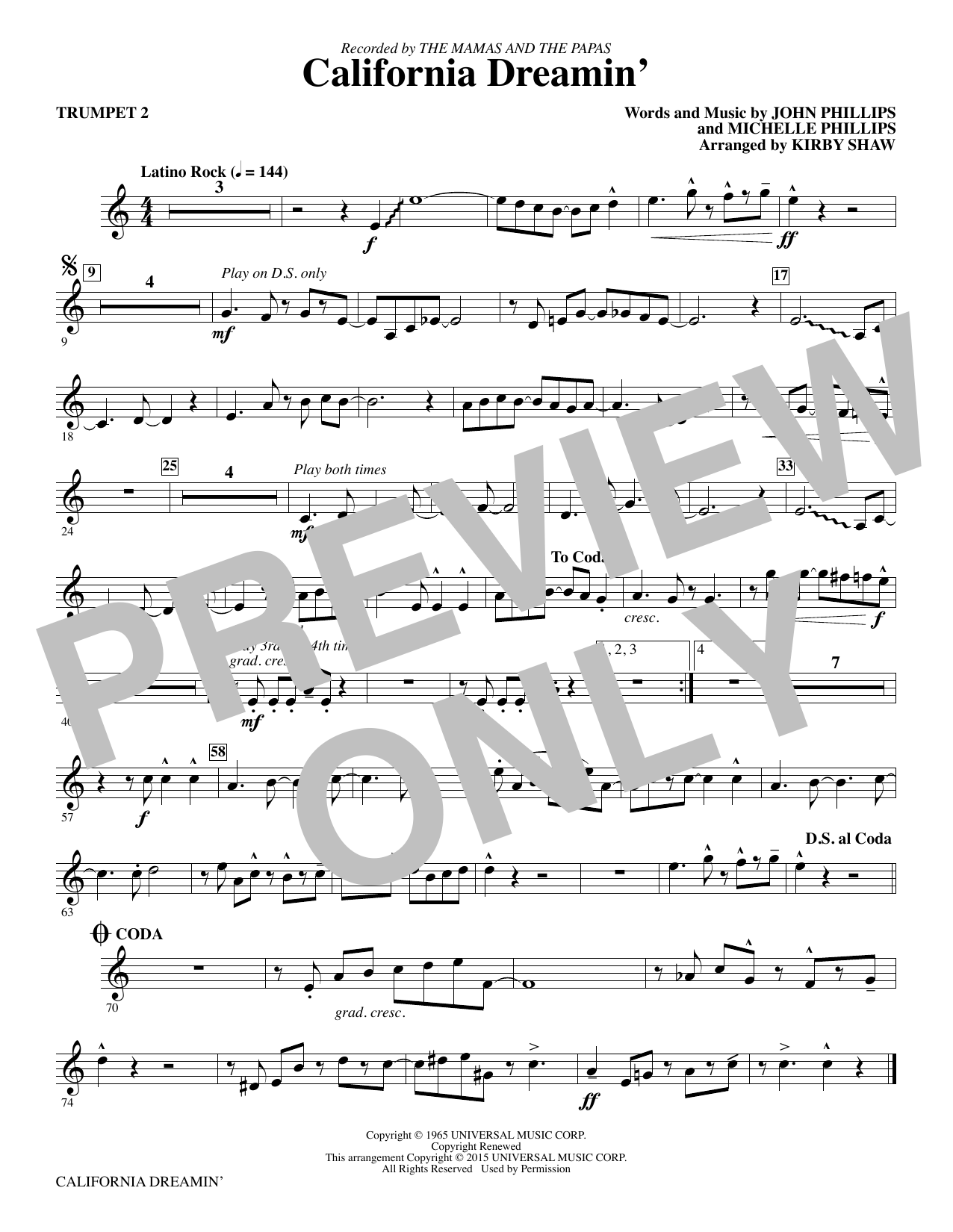 Kirby Shaw California Dreamin' - Bb Trumpet 2 sheet music notes and chords. Download Printable PDF.