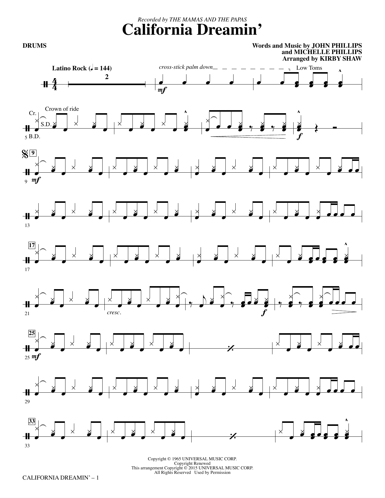 Kirby Shaw California Dreamin' - Drums sheet music notes and chords. Download Printable PDF.