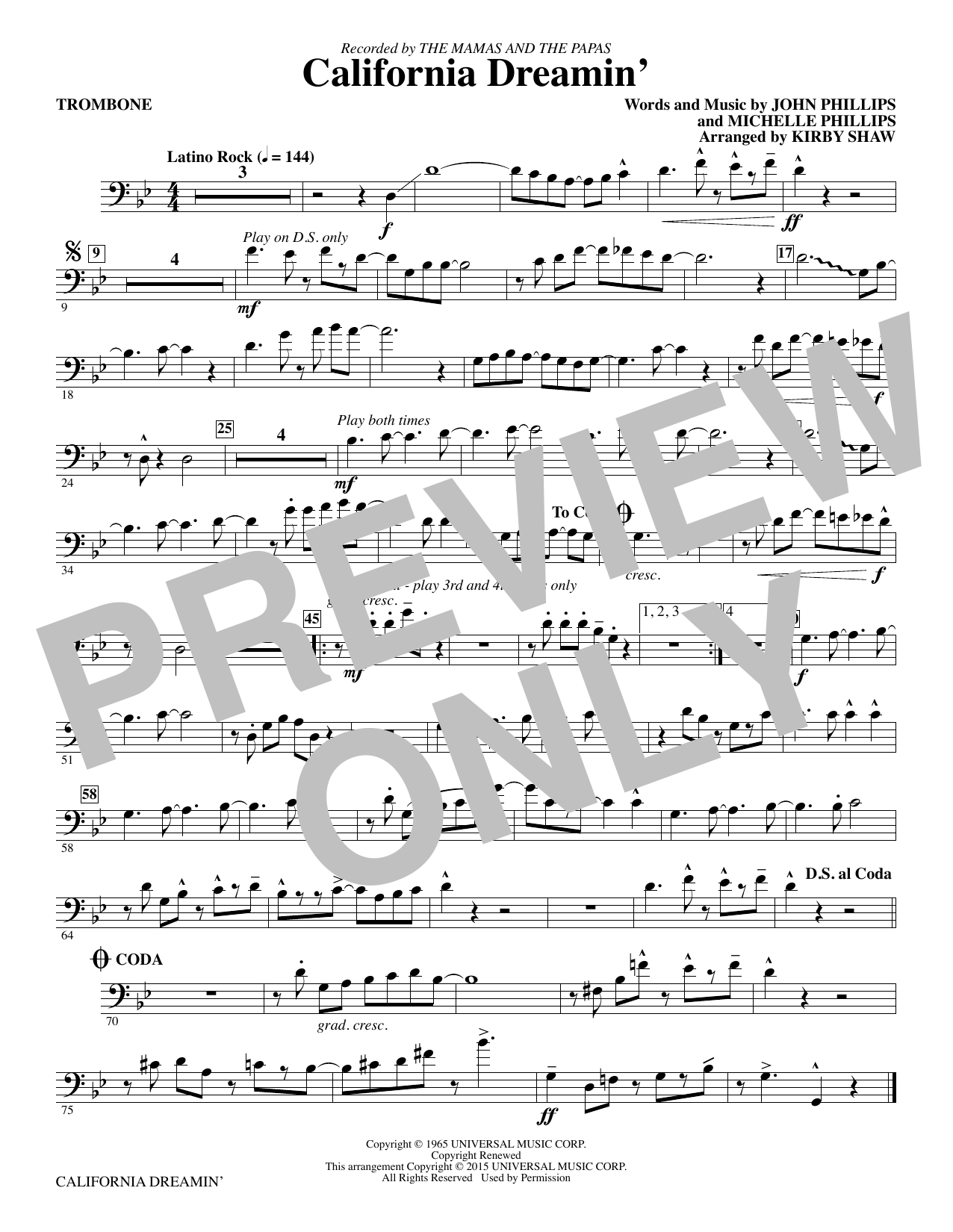 Kirby Shaw California Dreamin' - Trombone sheet music notes and chords. Download Printable PDF.