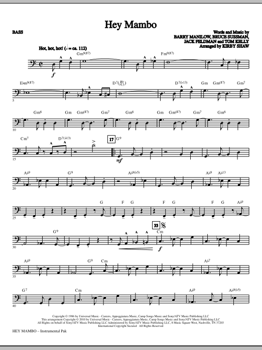 Kirby Shaw Hey Mambo - Bass sheet music notes and chords. Download Printable PDF.