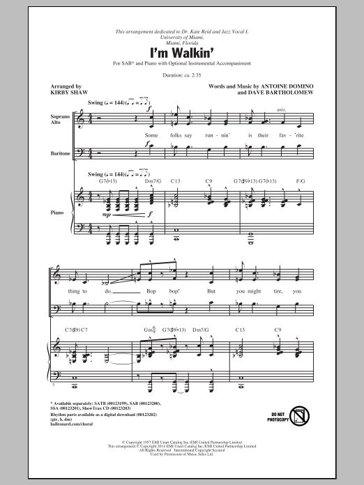 Kirby Shaw I'm Walkin' sheet music notes and chords arranged for SSA Choir
