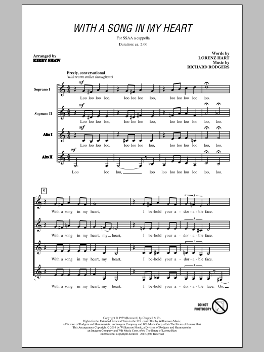 Kirby Shaw With A Song In My Heart sheet music notes and chords arranged for SSA Choir