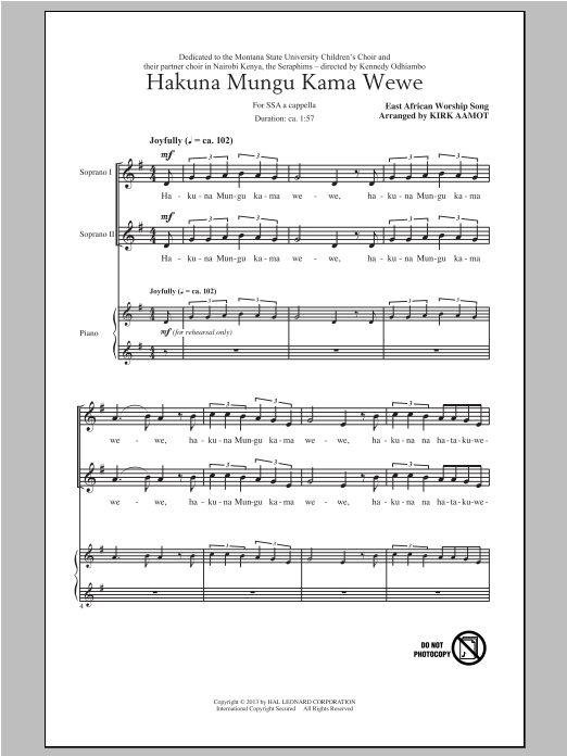 Kirk Aamot Hakuna Mungu Kama Wewe sheet music notes and chords arranged for 3-Part Mixed Choir