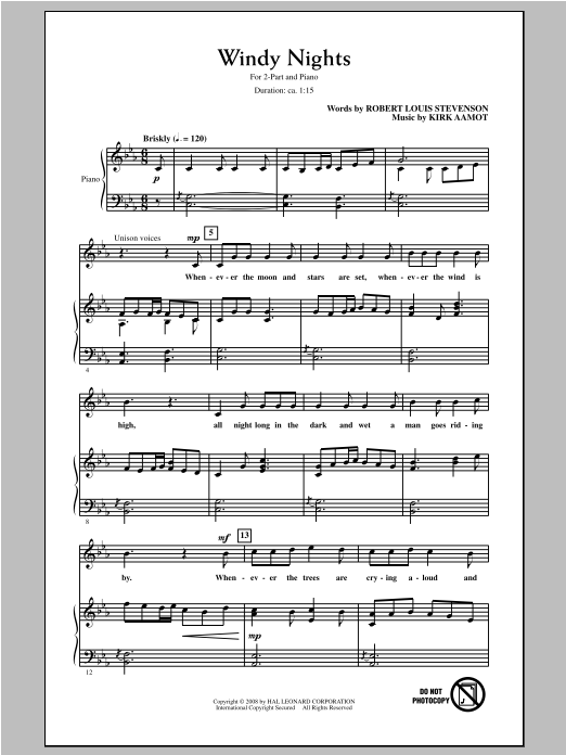 Kirk Aamot Windy Nights sheet music notes and chords arranged for 2-Part Choir