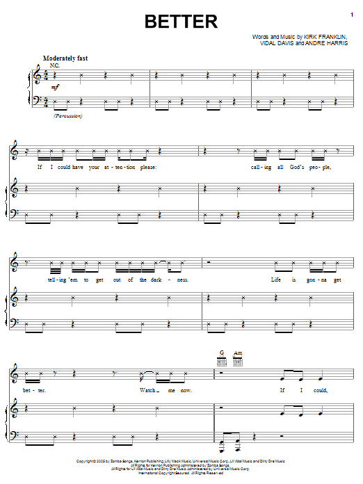 Kirk Franklin Better sheet music notes and chords arranged for Piano, Vocal & Guitar Chords (Right-Hand Melody)
