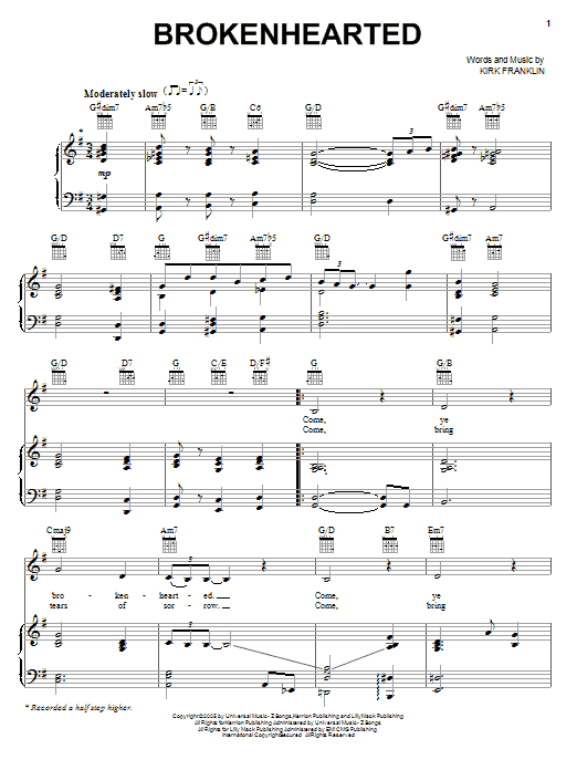 Kirk Franklin Brokenhearted sheet music notes and chords arranged for Piano, Vocal & Guitar Chords (Right-Hand Melody)