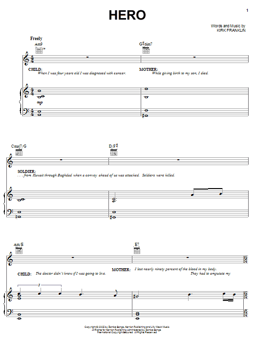 Kirk Franklin Hero sheet music notes and chords arranged for Piano, Vocal & Guitar Chords (Right-Hand Melody)