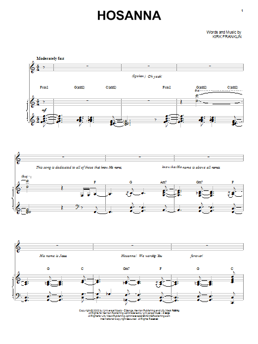 Kirk Franklin Hosanna sheet music notes and chords arranged for Piano, Vocal & Guitar Chords (Right-Hand Melody)