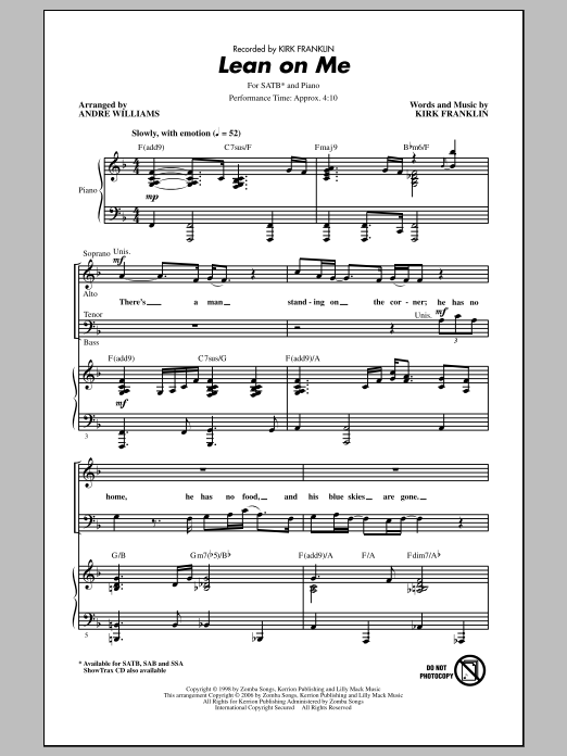 Kirk Franklin Lean On Me (arr. Andre Williams) sheet music notes and chords arranged for SATB Choir