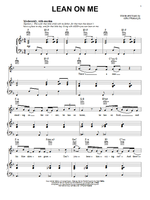 Kirk Franklin Lean On Me sheet music notes and chords arranged for Piano, Vocal & Guitar Chords (Right-Hand Melody)