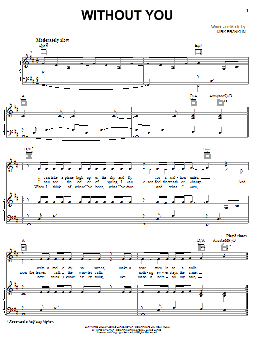 Kirk Franklin Without You sheet music notes and chords arranged for Piano, Vocal & Guitar Chords (Right-Hand Melody)