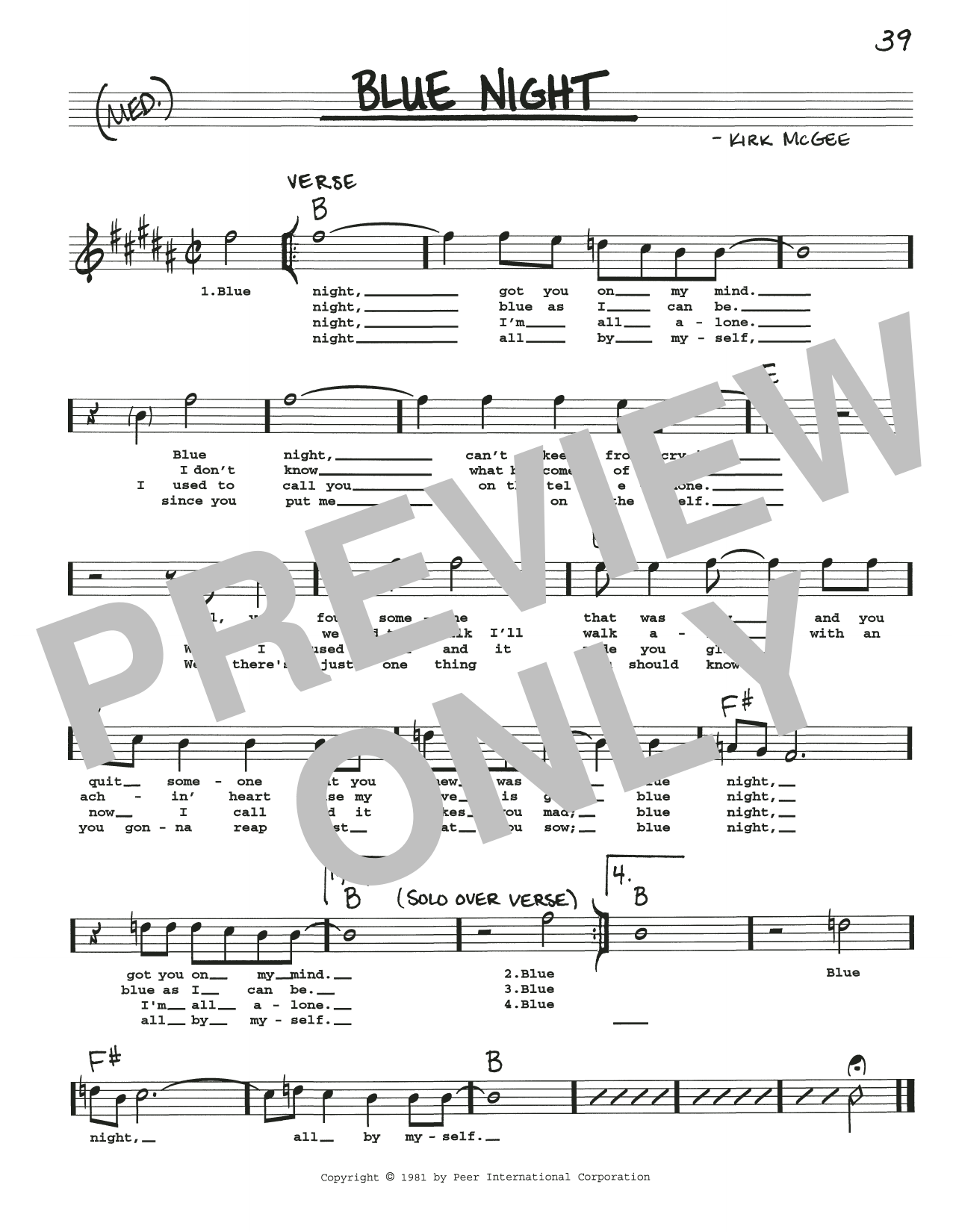 Kirk McGee Blue Night sheet music notes and chords arranged for Real Book – Melody, Lyrics & Chords