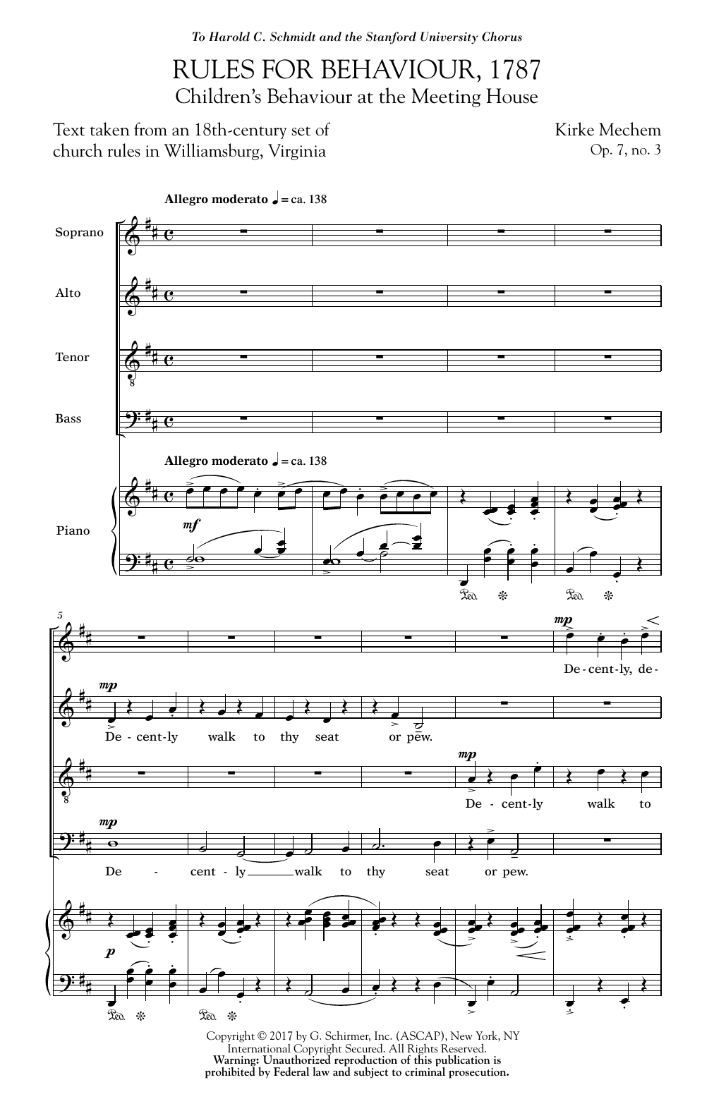 Kirke Mechem Rules For Behaviour, 1787 sheet music notes and chords arranged for SATB Choir