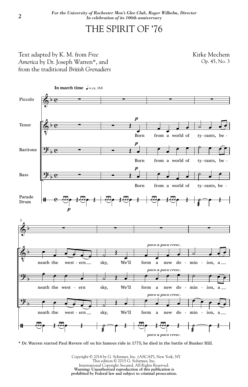 Kirke Mechem The Spirit of '76 sheet music notes and chords arranged for TBB Choir