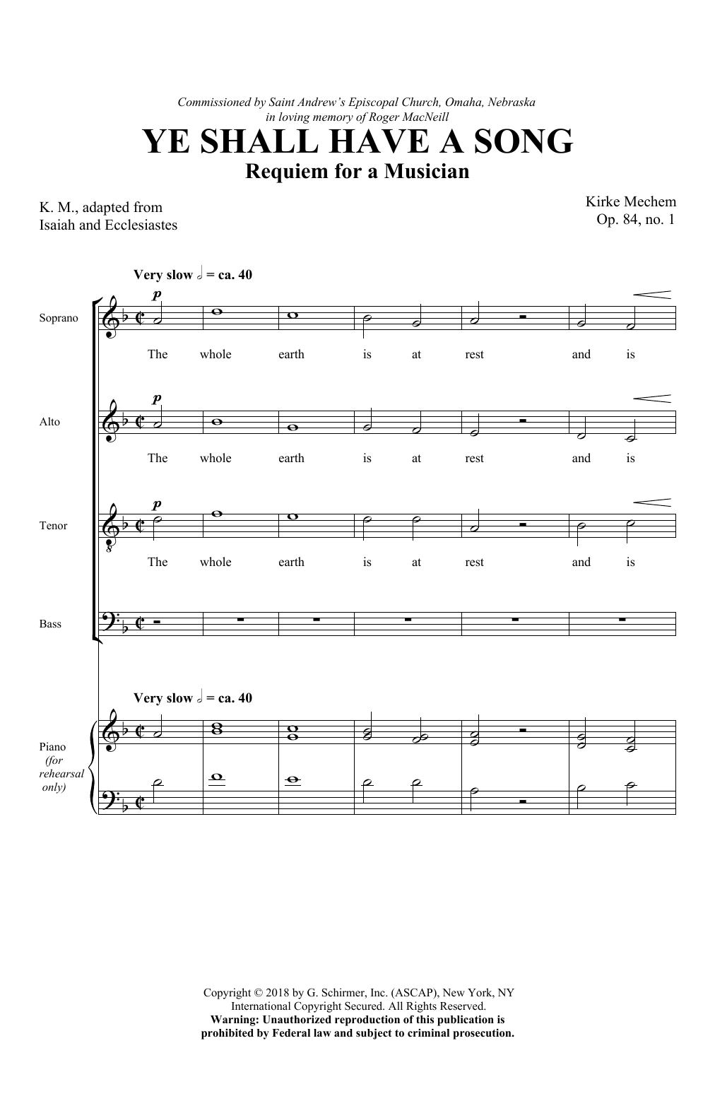 Kirke Mechem Ye Shall Have A Song sheet music notes and chords arranged for SATB Choir