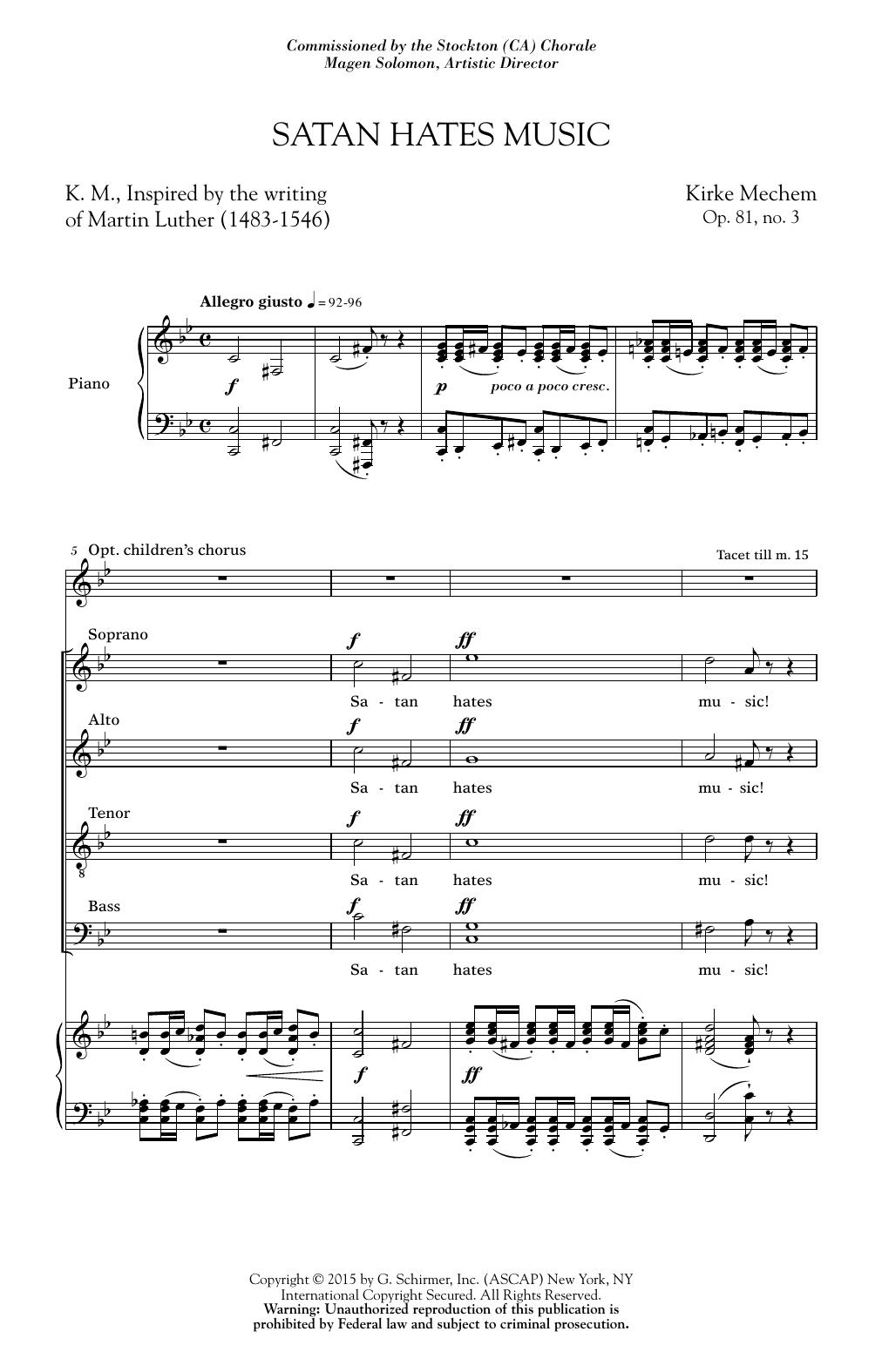 Kirke Mechem Satan Hates Music sheet music notes and chords arranged for SATB Choir