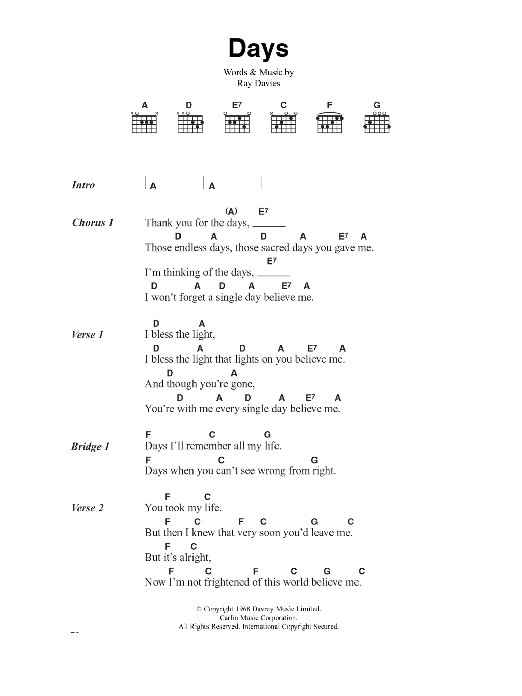 Kirsty MacColl Days sheet music notes and chords arranged for Guitar Chords/Lyrics