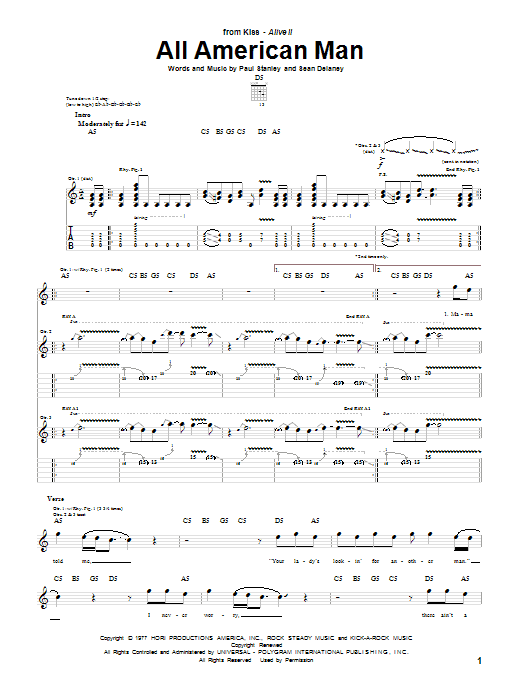 KISS All American Man sheet music notes and chords arranged for Guitar Tab