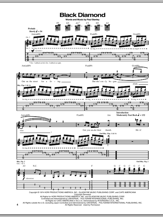 KISS Black Diamond sheet music notes and chords arranged for Guitar Tab
