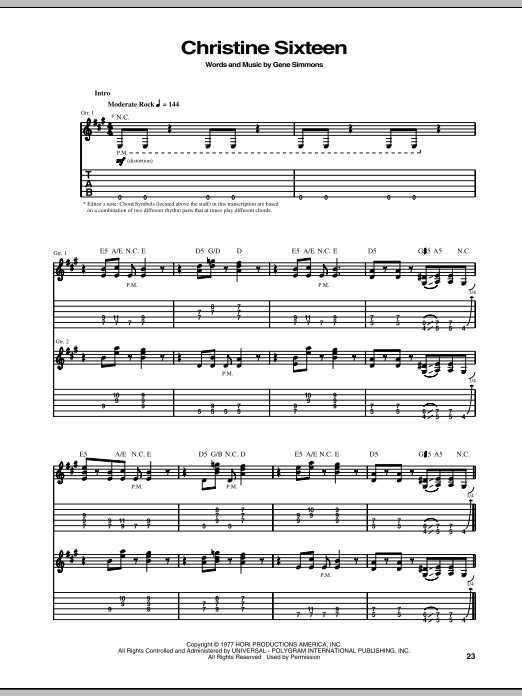 KISS Christine Sixteen sheet music notes and chords arranged for Guitar Tab (Single Guitar)