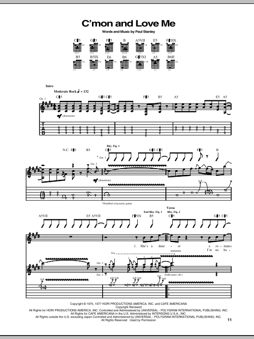 KISS C'mon And Love Me sheet music notes and chords arranged for Guitar Tab
