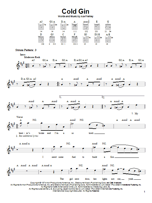 KISS Cold Gin sheet music notes and chords arranged for Bass Guitar Tab