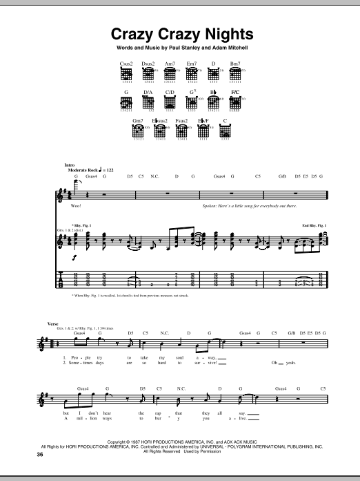 KISS Crazy Crazy Nights sheet music notes and chords arranged for Guitar Chords/Lyrics