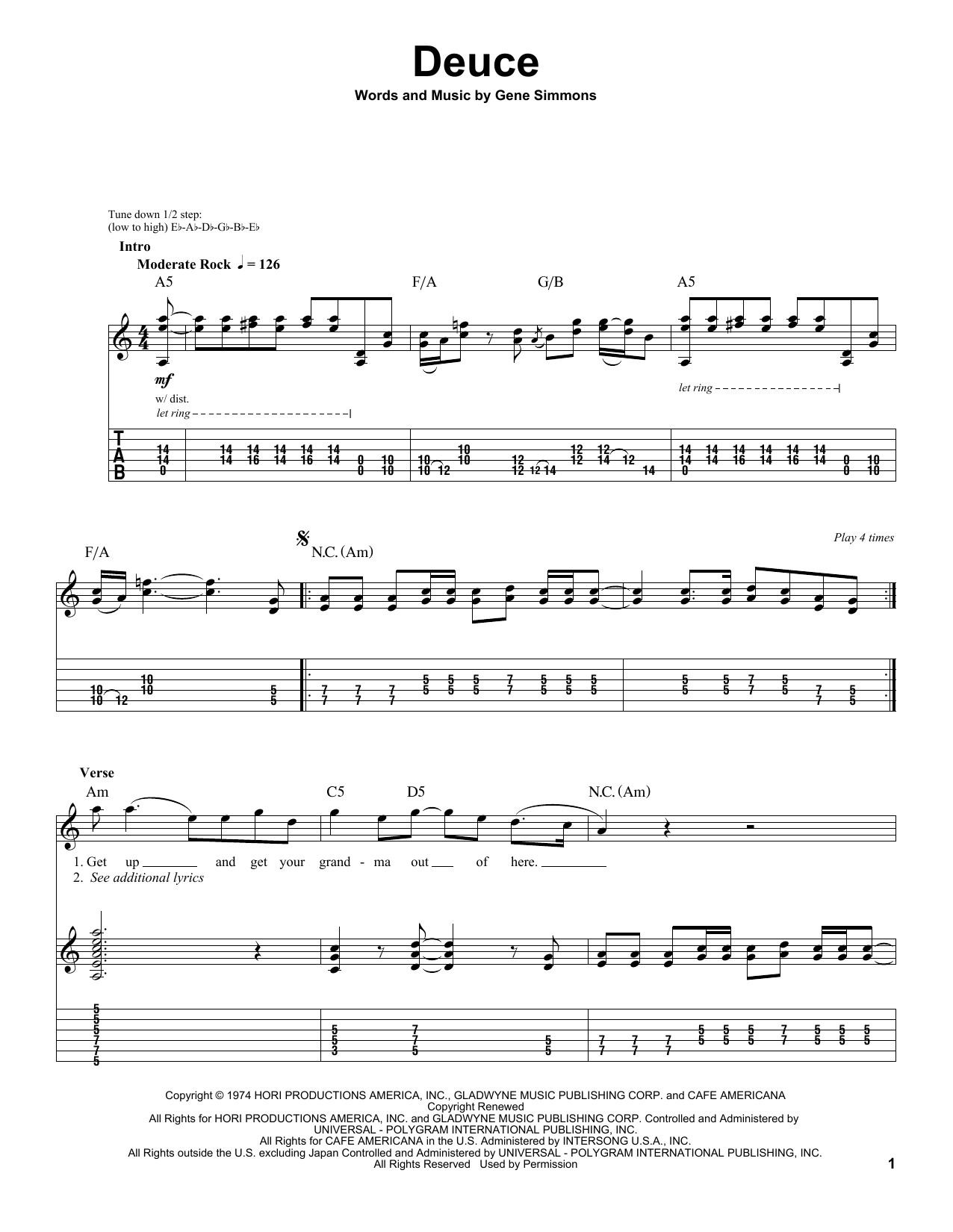 KISS Deuce sheet music notes and chords arranged for Guitar Tab