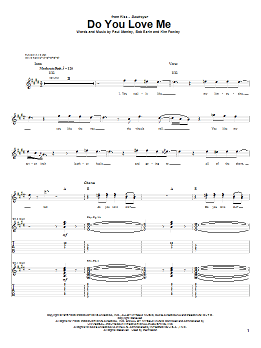 KISS Do You Love Me sheet music notes and chords arranged for Guitar Tab