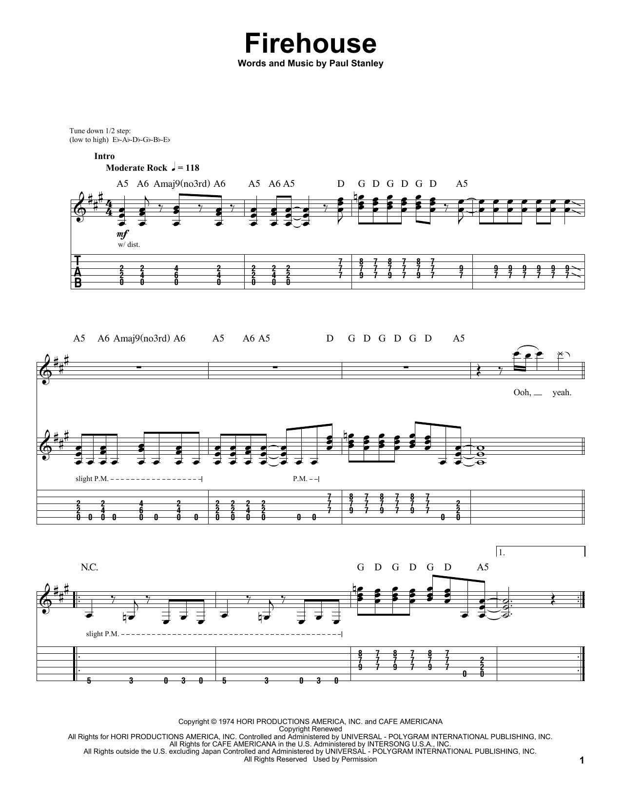 KISS Firehouse sheet music notes and chords arranged for Bass Guitar Tab