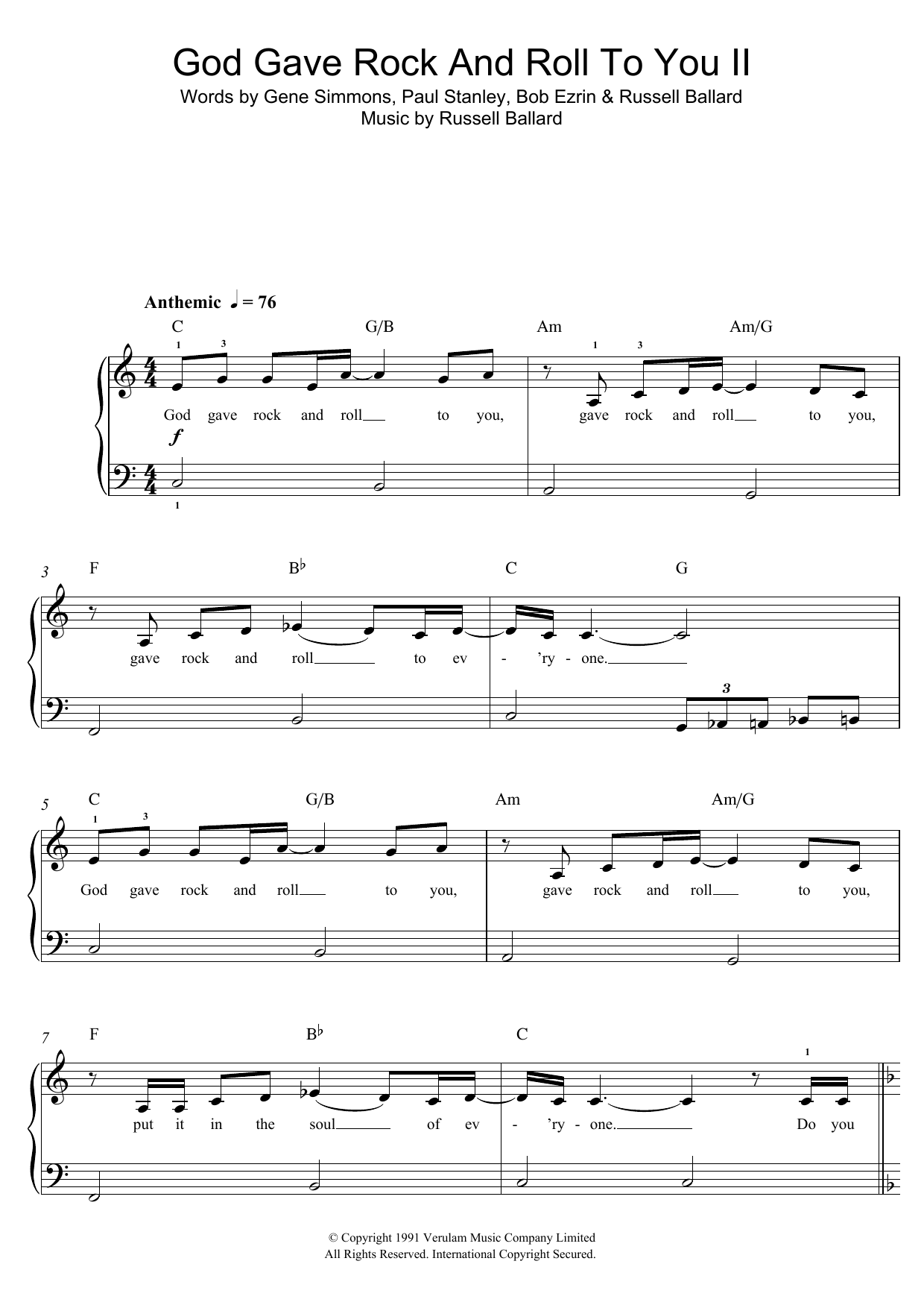 KISS God Gave Rock And Roll To You II sheet music notes and chords arranged for Beginner Piano