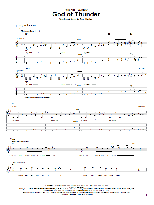 KISS God Of Thunder sheet music notes and chords arranged for Guitar Tab (Single Guitar)