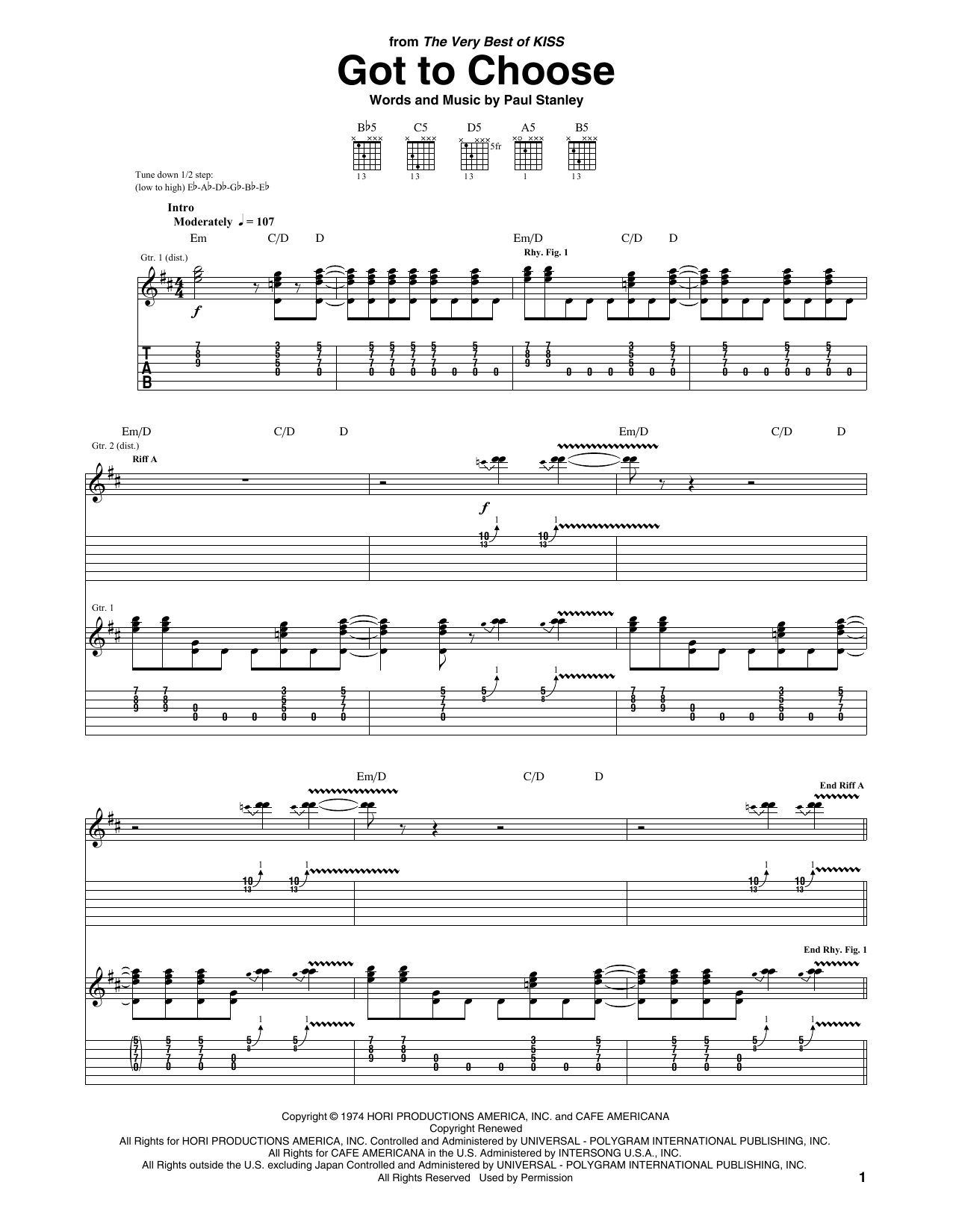 KISS Got To Choose sheet music notes and chords arranged for Guitar Tab