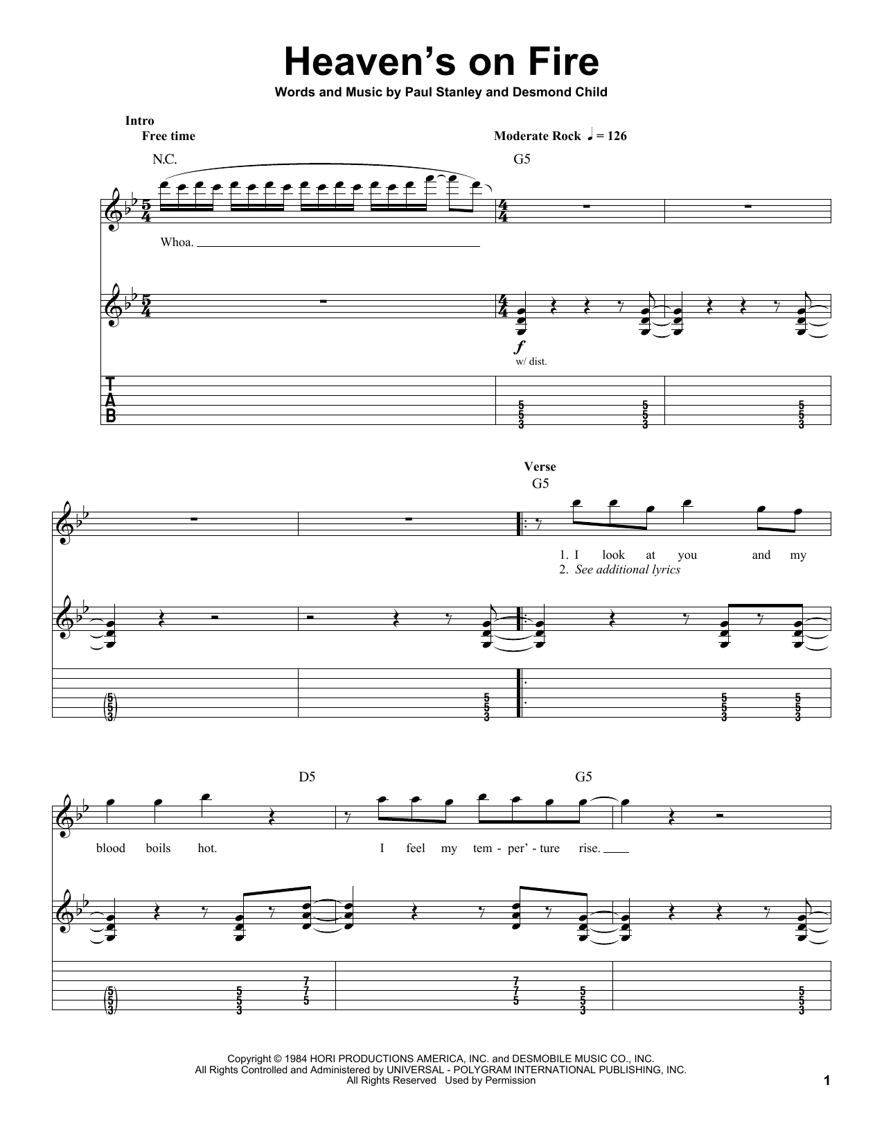KISS Heaven's On Fire sheet music notes and chords arranged for Guitar Tab (Single Guitar)