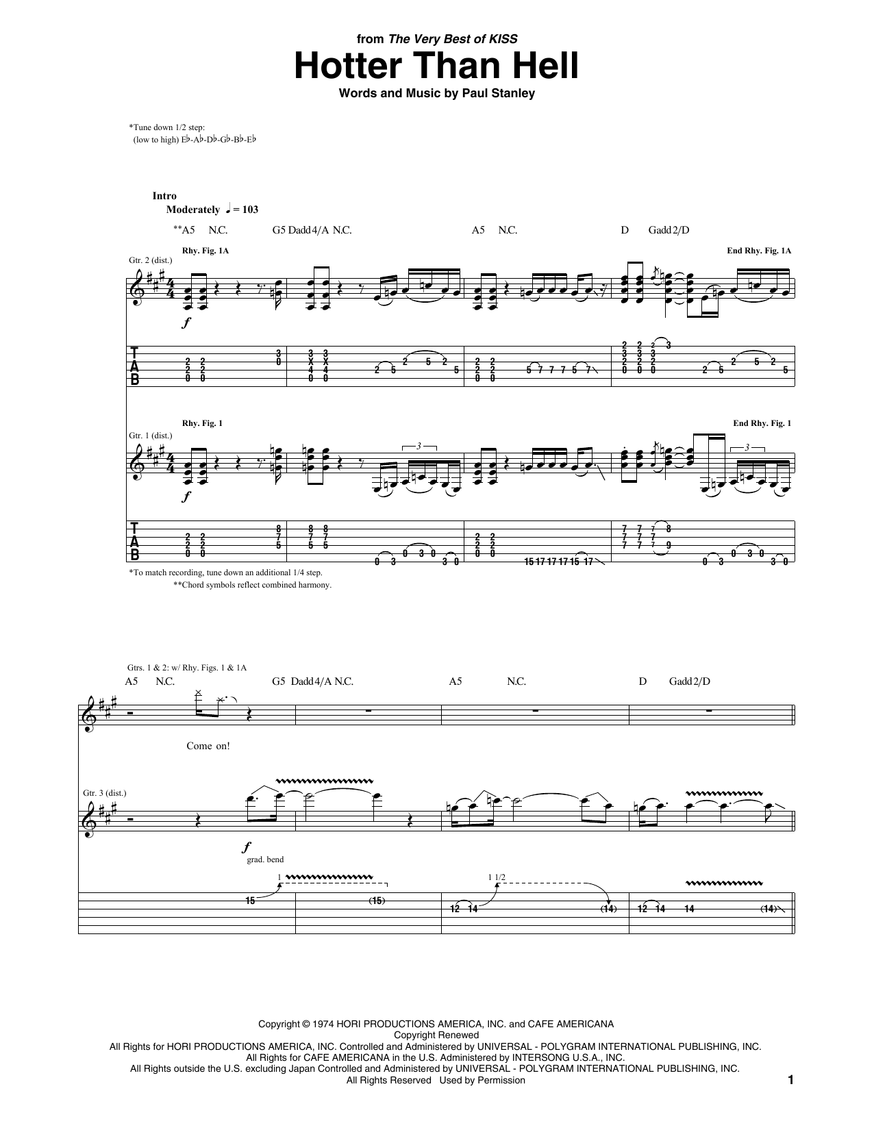 KISS Hotter Than Hell sheet music notes and chords arranged for Guitar Tab