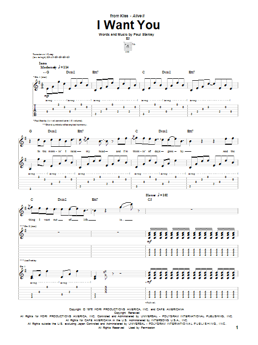 KISS I Want You sheet music notes and chords arranged for Guitar Tab