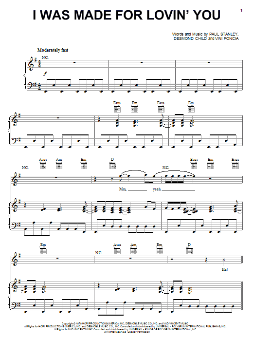 KISS I Was Made For Lovin' You sheet music notes and chords arranged for Guitar Tab (Single Guitar)