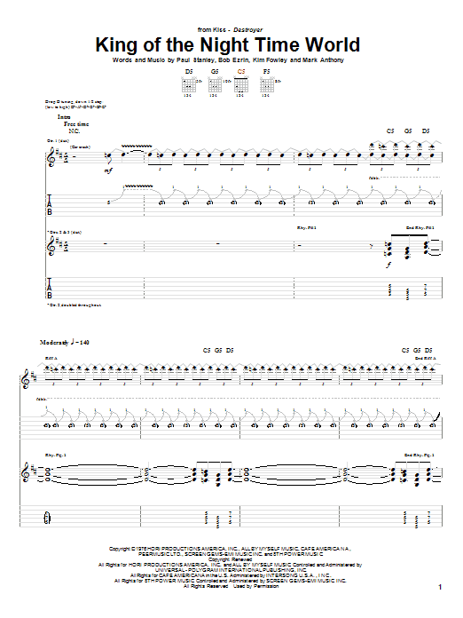 KISS King Of The Night Time World sheet music notes and chords arranged for Guitar Tab