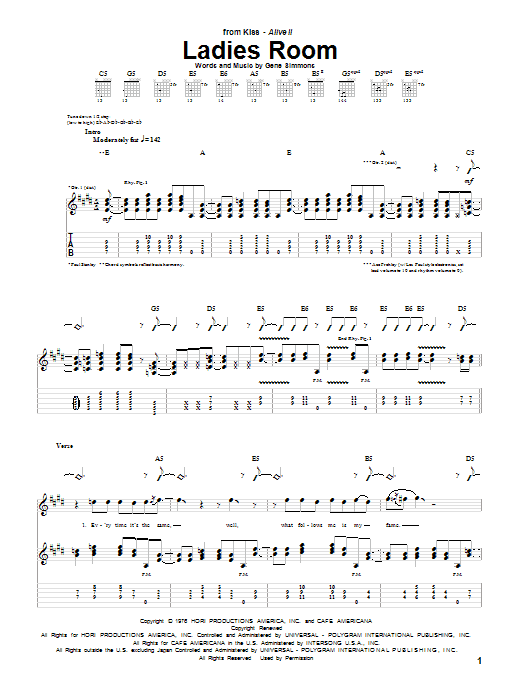 KISS Ladies Room sheet music notes and chords arranged for Guitar Tab