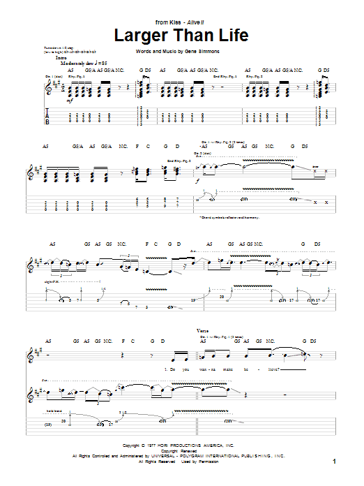 KISS Larger Than Life sheet music notes and chords arranged for Guitar Tab