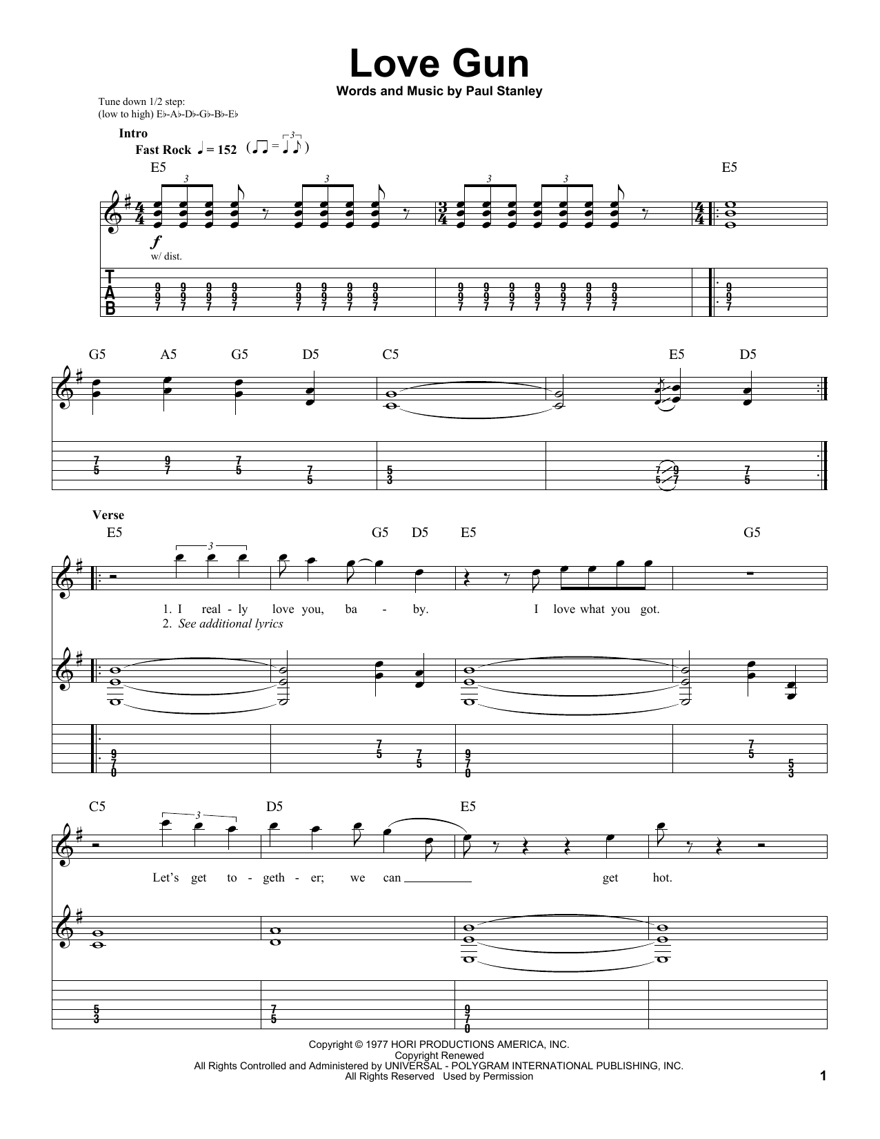 KISS Love Gun sheet music notes and chords arranged for Guitar Tab (Single Guitar)