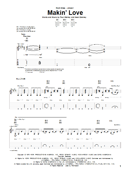 KISS Makin' Love sheet music notes and chords arranged for Guitar Tab