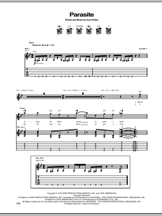 KISS Parasite sheet music notes and chords arranged for Guitar Tab