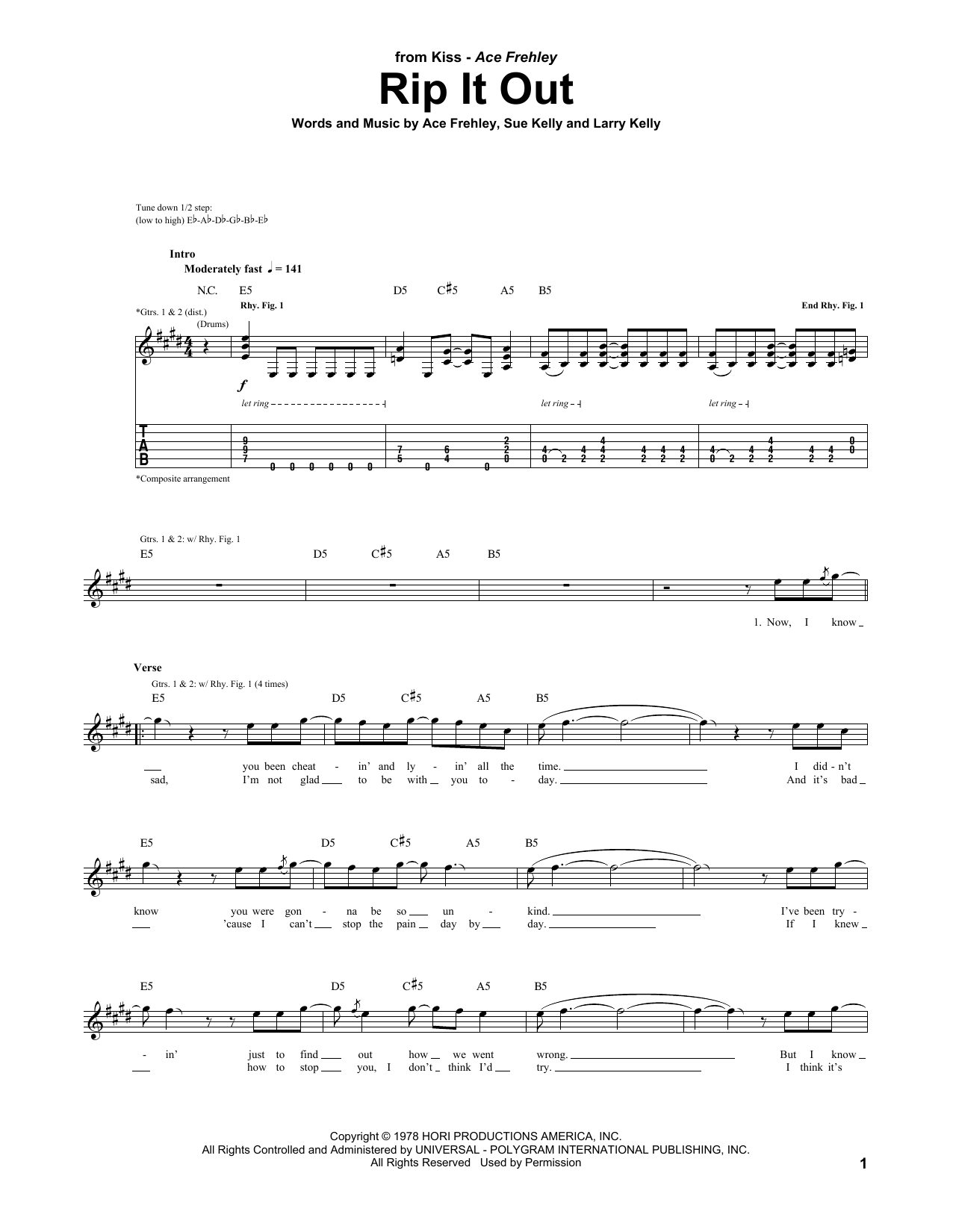 KISS Rip It Out sheet music notes and chords arranged for Guitar Tab