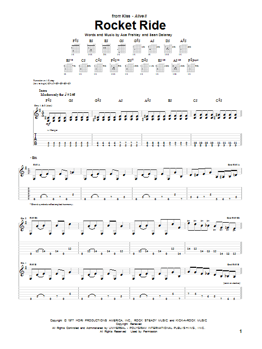 KISS Rocket Ride sheet music notes and chords arranged for Guitar Tab (Single Guitar)