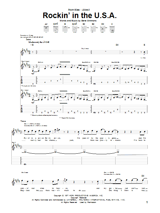 KISS Rockin' In The U.S.A. sheet music notes and chords arranged for Guitar Tab